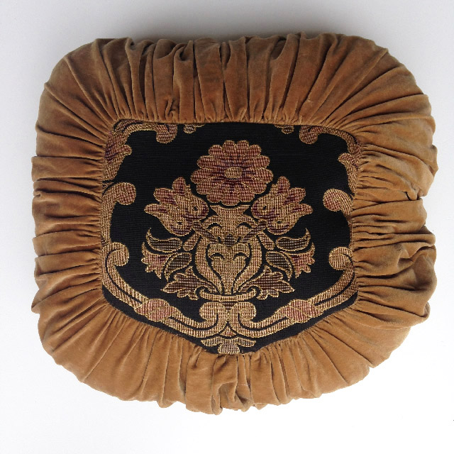 CUSHION, Victorian Floral - Black Tapestry In Brown Velvet Pintuck
